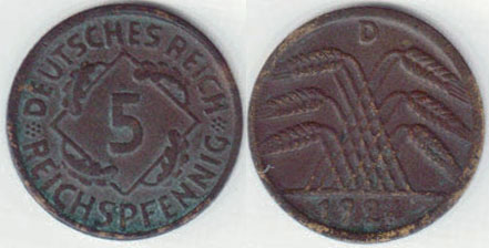 1924 D Germany 5 Reichspfennig A008917